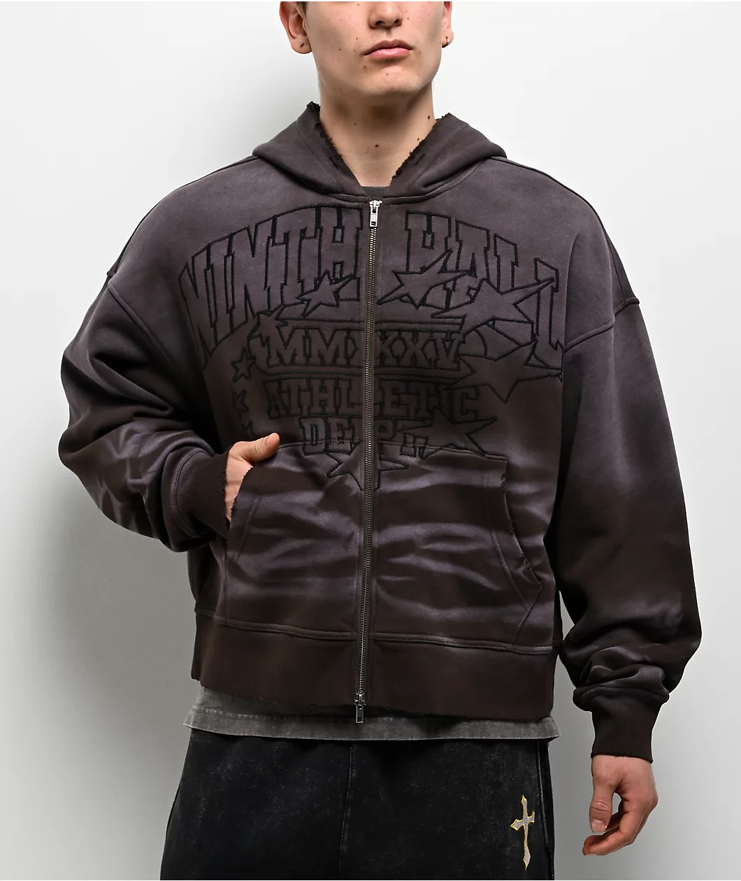 Ninth Hall Brown Wash Distressed Crop Hoodie Ninth Hall Brown Wash Distressed Crop Hoodie
